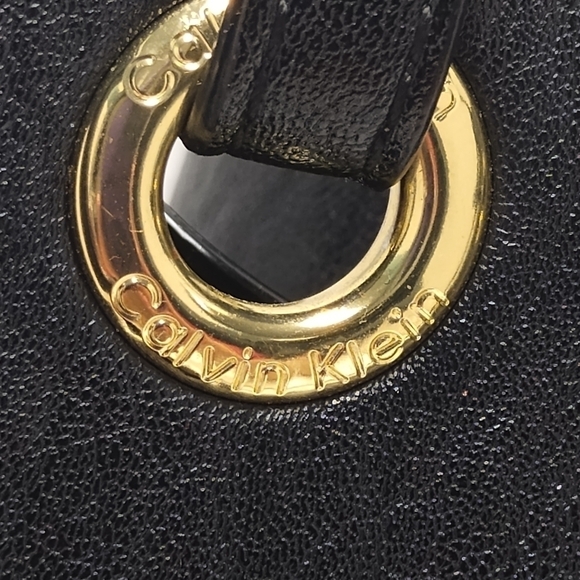 Calvin Klein Black Leather Tote with Gold Hardware + Matching Pouch - Picture 10 of 13